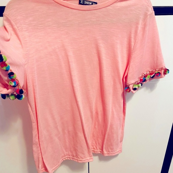 Shein Pink Pom Pom Trimmed Sleeve Tee Shirt - Picture 6 of 15